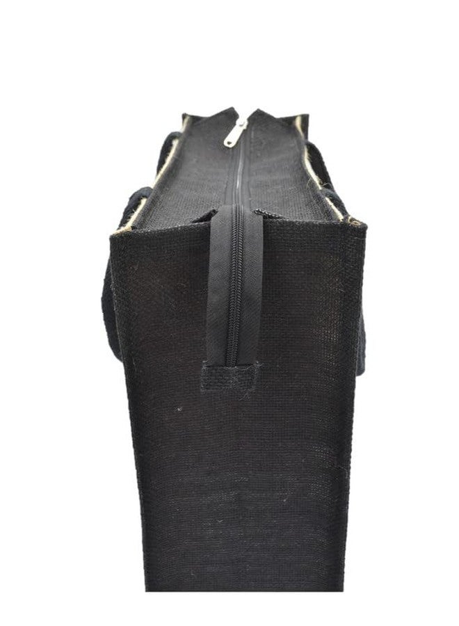 JUTEKA Black and Natural printed Jute Bag for Lunch, Office, Grocery, Picnic, Tiffin, Shopping Hand Bag with padded cotton handles - Image 3